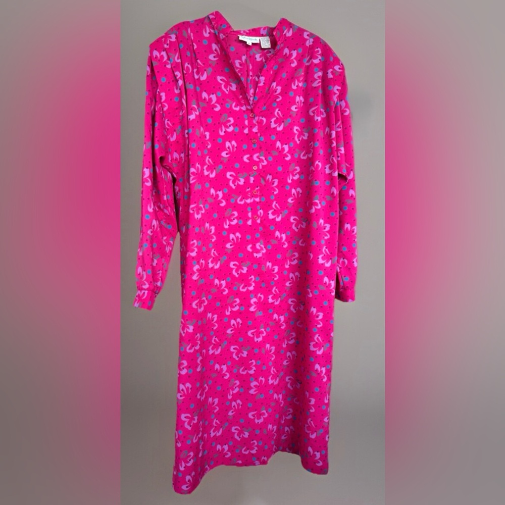 Vintage Katie Lewis Long Sleeve V-Neck Shirt Dress Pink/Purple/Teal Floral 12